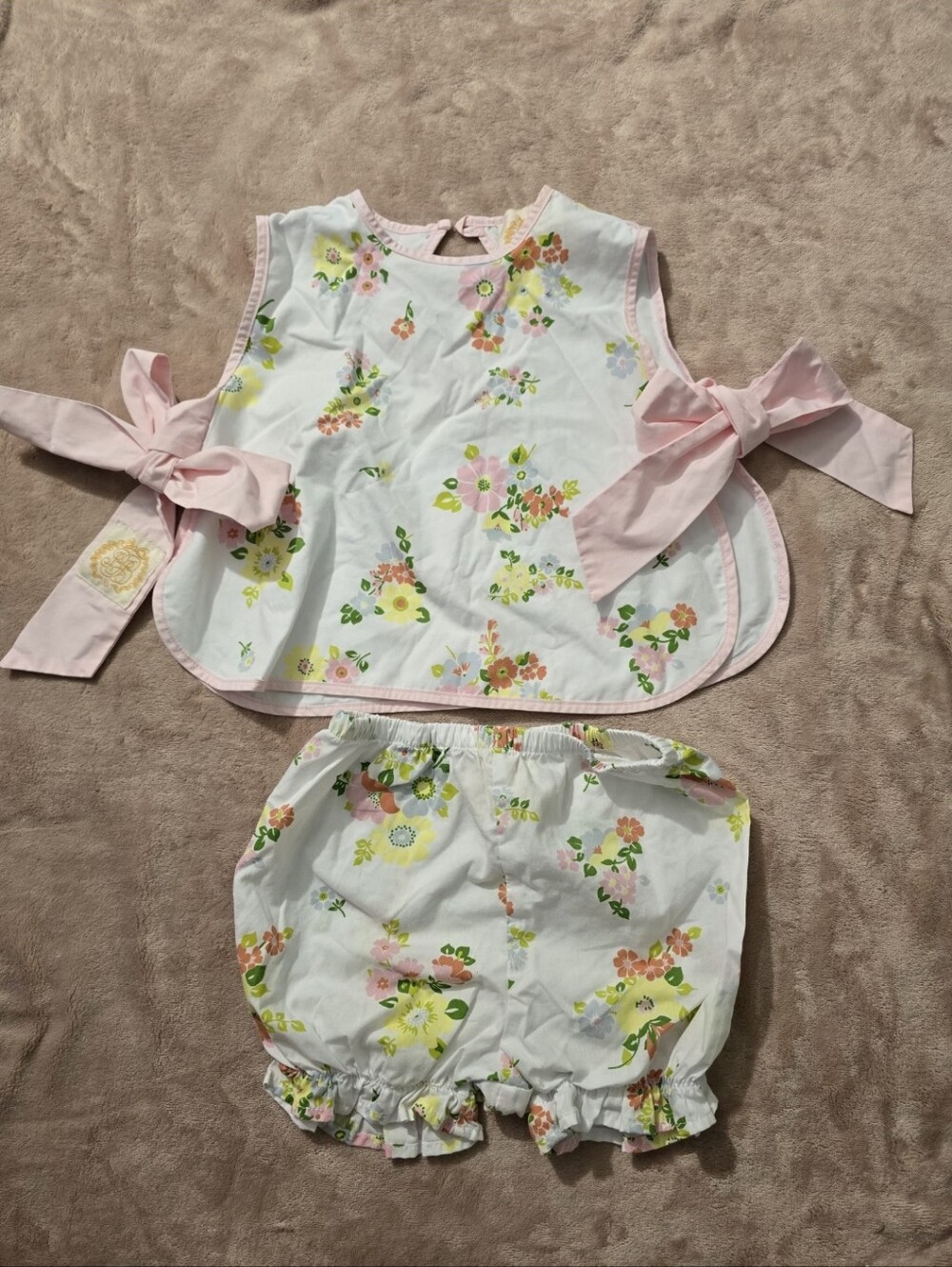 The Beaufort Bonnet Company Girls Pink Floral Side Tie Top and Bloomers Set